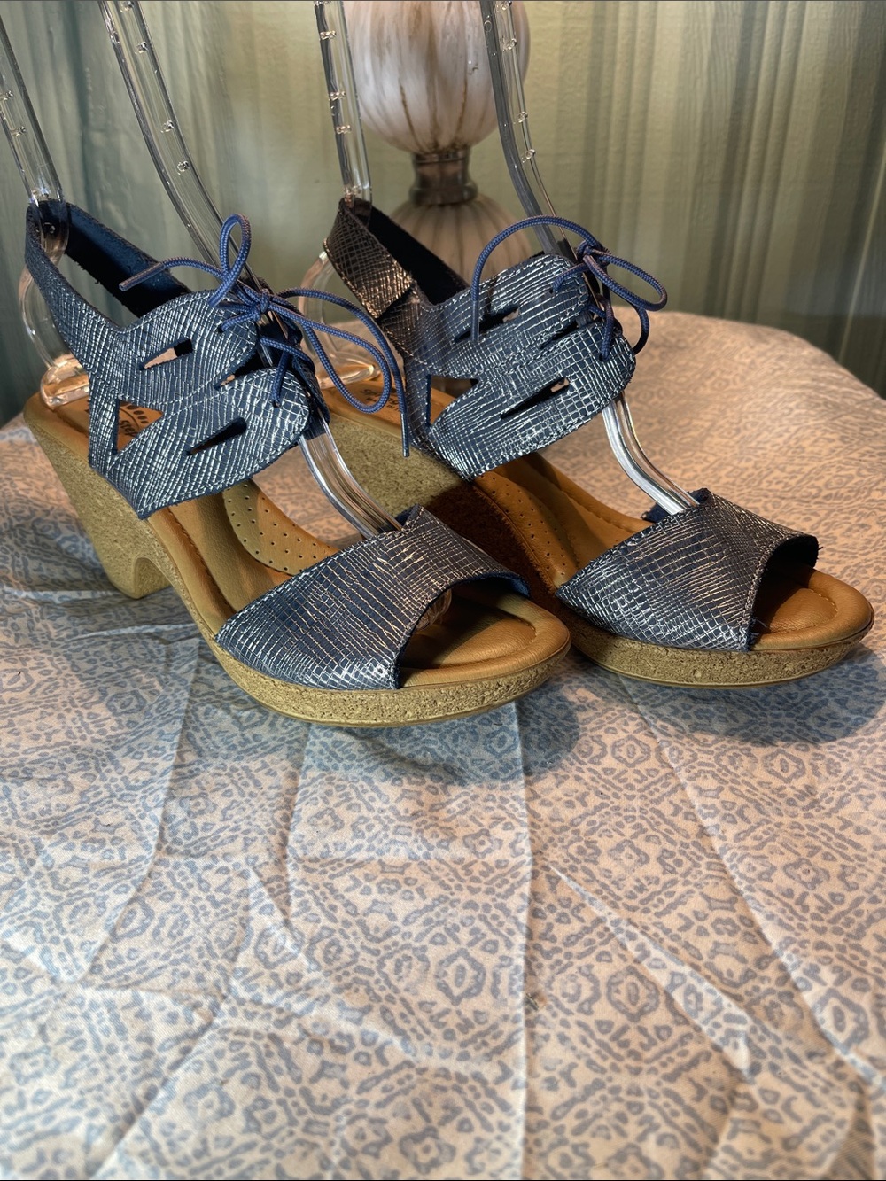 Spring Step Blue Silver Slingback Sandals cork Block Heel like new sz 40/9
